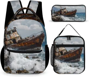 Shipwreck Waves Reef Travel Backpack Lunch Box Pencil Case 3Pcs Set Makeup Bag for Men Women Office Outing University