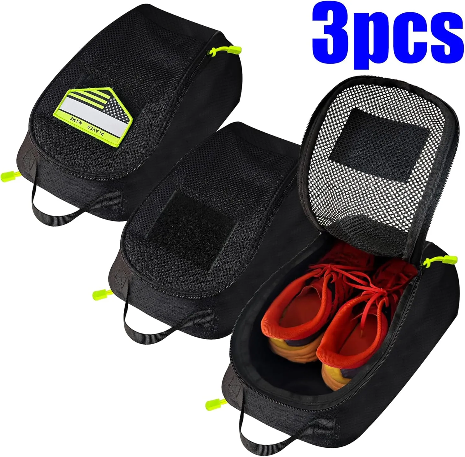 Shoe Bag Golf Travel Soccer Gym Sport with Side Accessory Outside Pocket for Socks Shoe Pouch Portable Large Shoe Storage Bag for Packing Zippered (all black)
