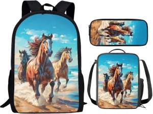 Showudesigns Horse Backpack for Teens Girls 11-14/10-12 Boys Backpacks for Elementary Middle School Bookbag School Bag Lunch Box Pencil Case Kids Bookbags 3Rd-6Th Grade Back To School Set 3 In 1