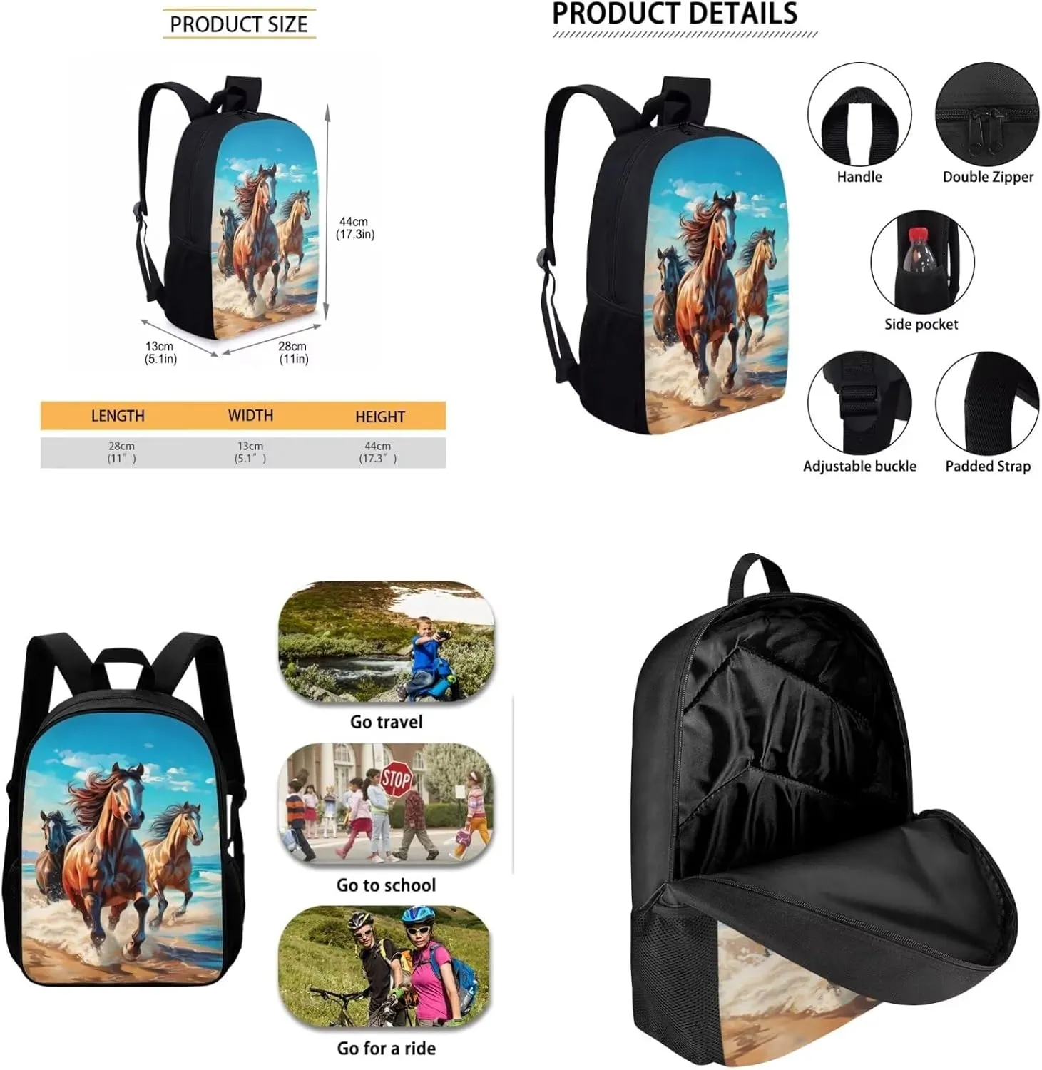 Showudesigns Horse Backpack for Teens Girls 11-14/10-12 Boys Backpacks for Elementary Middle School Bookbag School Bag Lunch Box Pencil Case Kids Bookbags 3Rd-6Th Grade Back To School Set 3 In 1