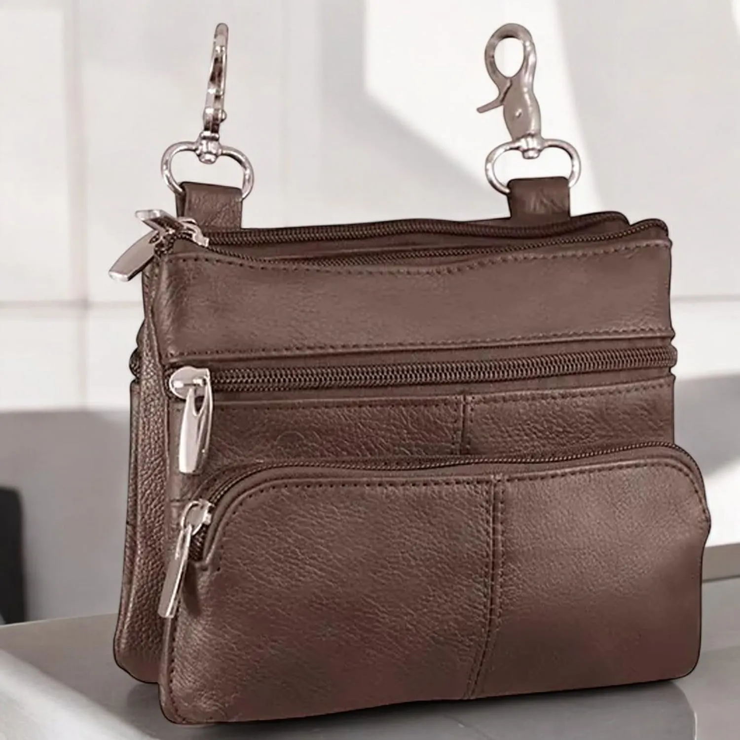 Silver Fever® Leather Bike Rider Accordion Bag Cross Body Belt Phone Pack Pouch (Brown w Pck)