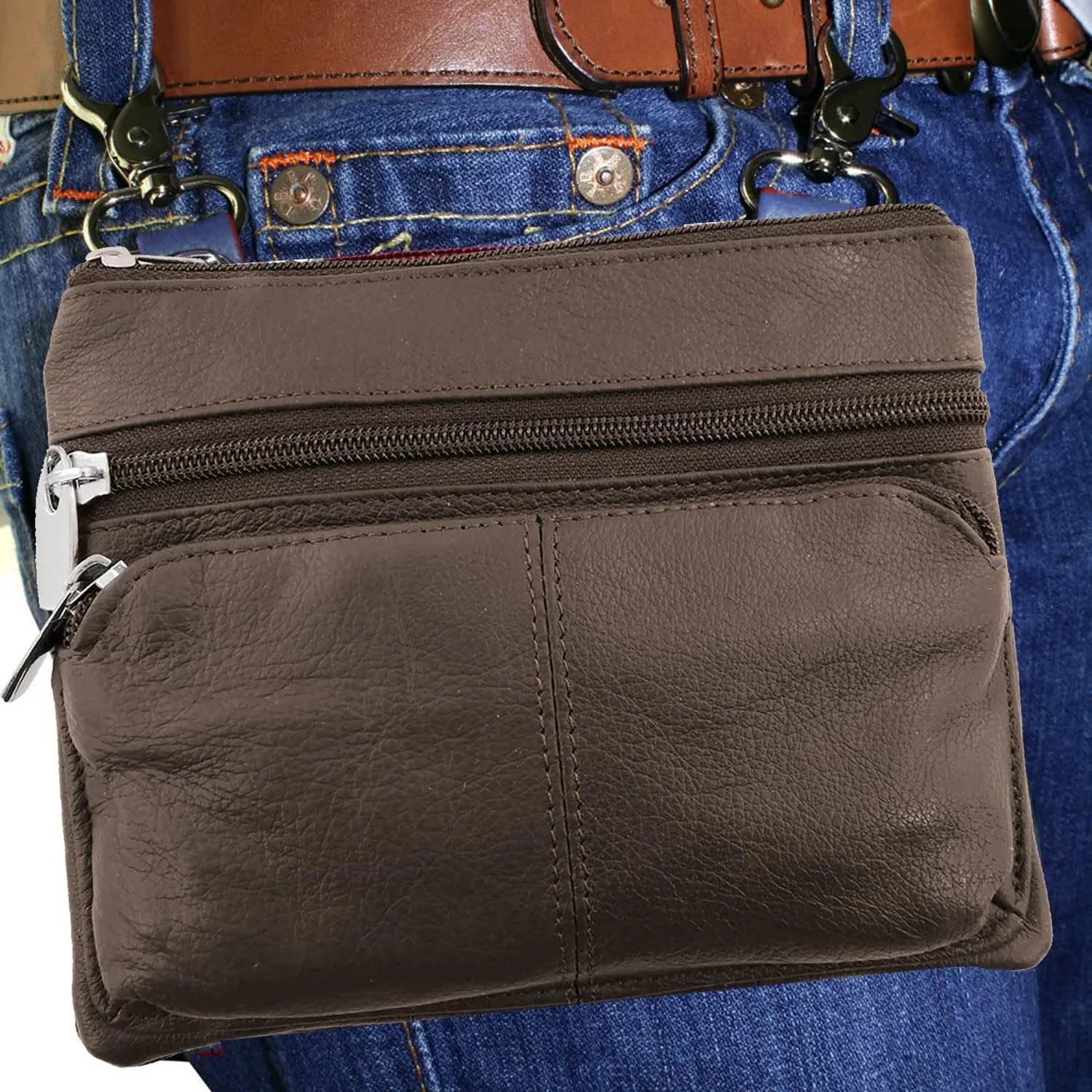 Silver Fever® Leather Bike Rider Accordion Bag Cross Body Belt Phone Pack Pouch (Brown w Pck)