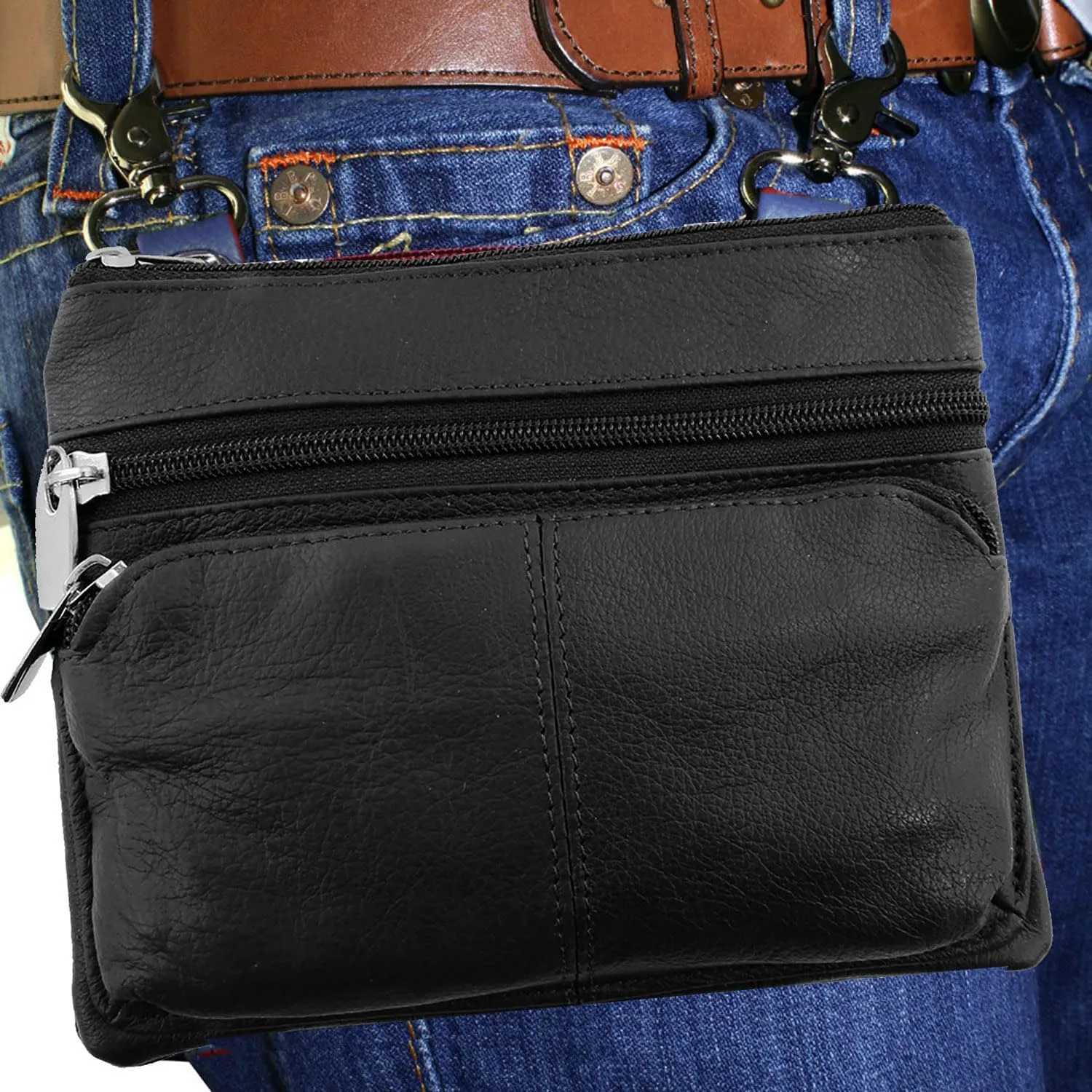 SILVERFEVER Leather Bike Rider Accordion Bag Cross Body Belt Phone Pack Pouch (Black w Pck)