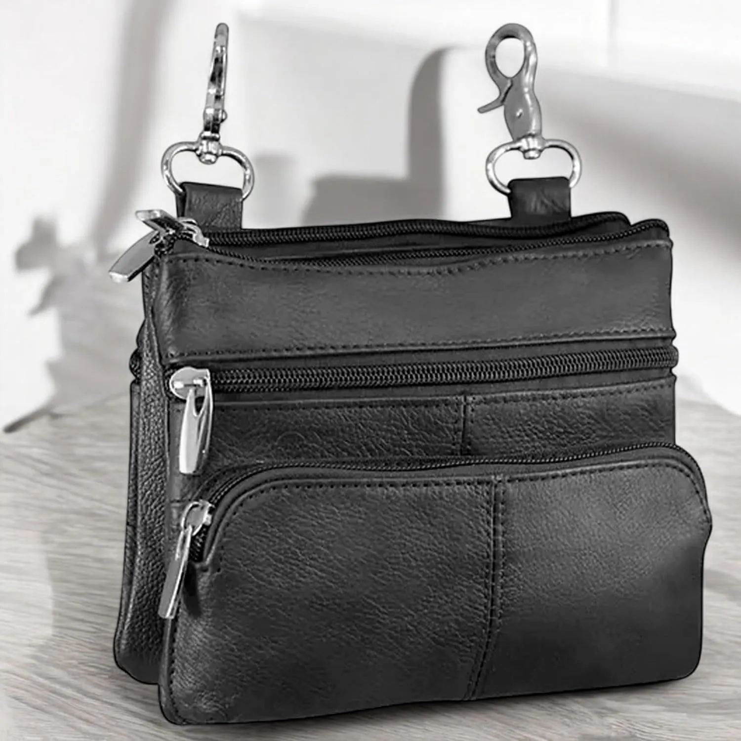 SILVERFEVER Leather Bike Rider Accordion Bag Cross Body Belt Phone Pack Pouch (Black w Pck)
