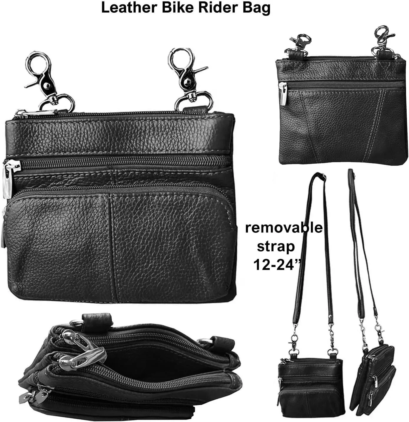SILVERFEVER Leather Bike Rider Accordion Bag Cross Body Belt Phone Pack Pouch (Black w Pck)