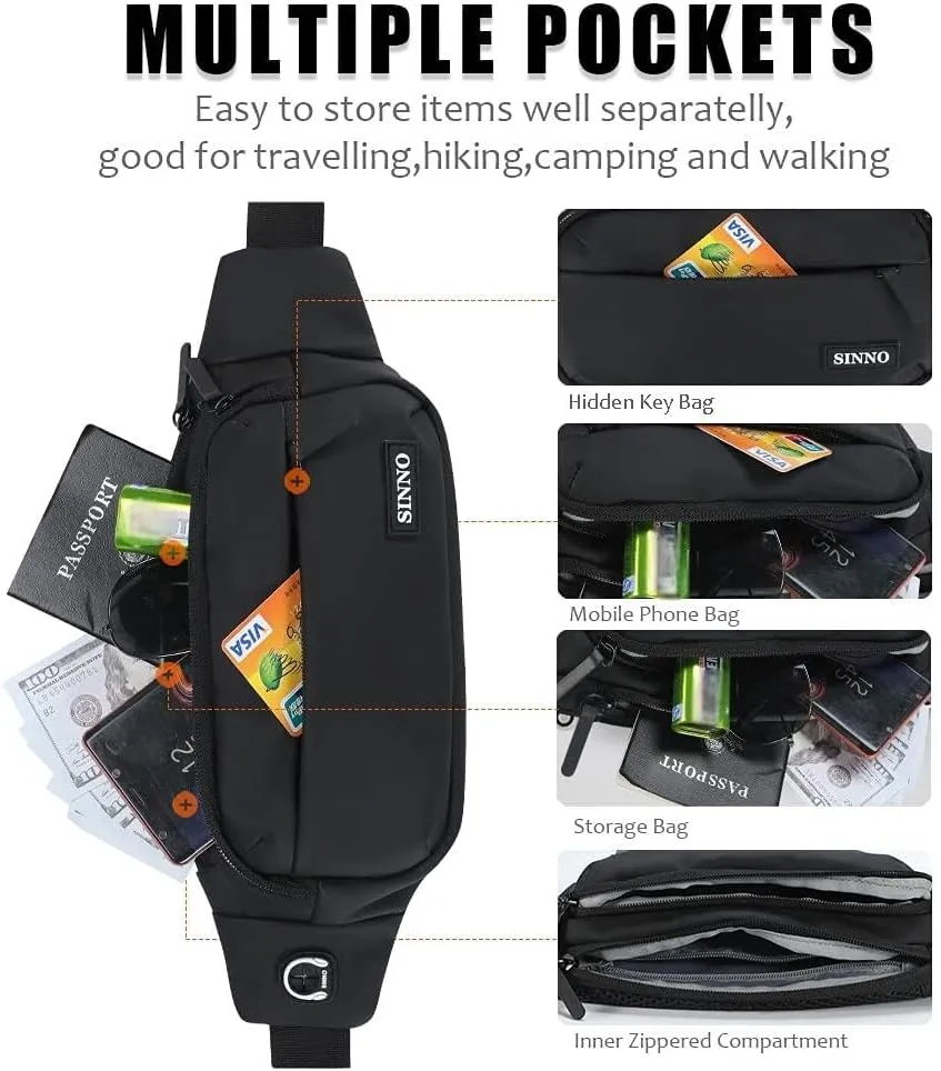 SINNO Large Crossbody Fanny Pack for Women Men Belt Bag With 4-Zipper Pockets for Travel Running Hiking Workout Dog Walking Outdoors Sport Fishing Waist Pack Bag Carrying All Phones