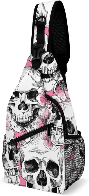 Skull And Flowers Sling Bag Mans Womans Crossbody Backpack Chest Daypack Casual Backpack Shoulder Bag Cycling Daypack Sports Backpacks
