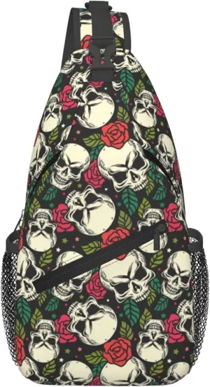 Skull Flower Rose Sling Backpack Crossbody Bag, Chest Bag Daypack for Outdoors Hiking Traveling