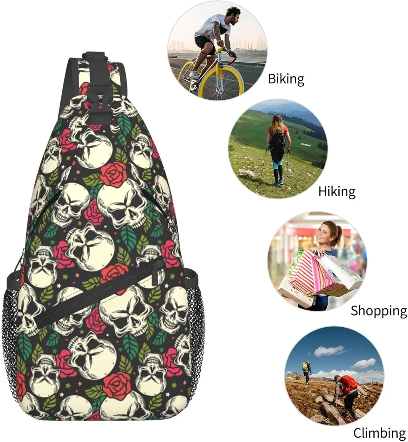 Skull Flower Rose Sling Backpack Crossbody Bag, Chest Bag Daypack for Outdoors Hiking Traveling