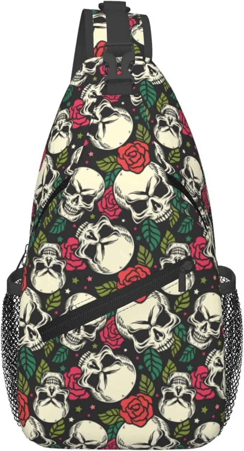 Skull Flower Rose Sling Backpack Crossbody Bag, Chest Bag Daypack for Outdoors Hiking Traveling