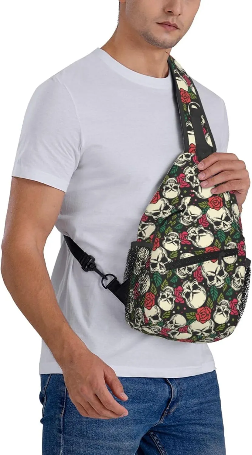 Skull Flower Rose Sling Backpack Crossbody Bag, Chest Bag Daypack for Outdoors Hiking Traveling