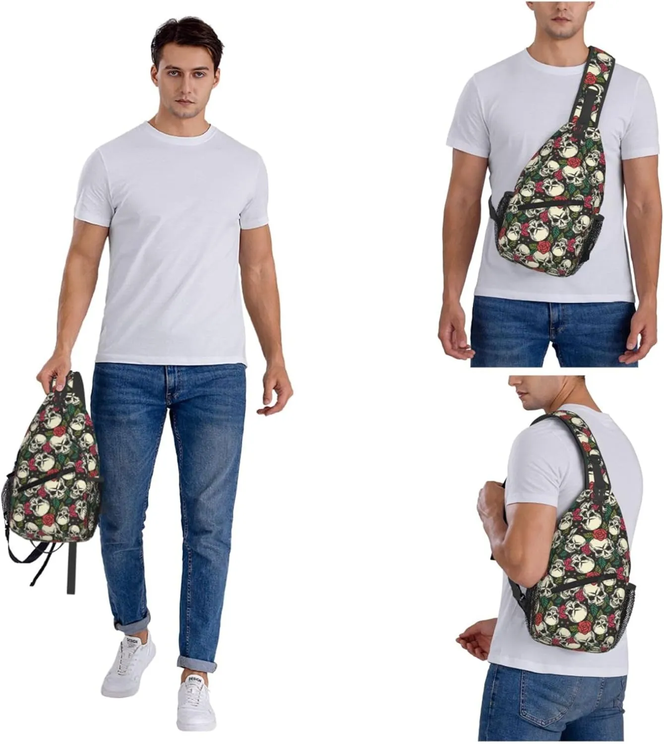 Skull Flower Rose Sling Backpack Crossbody Bag, Chest Bag Daypack for Outdoors Hiking Traveling