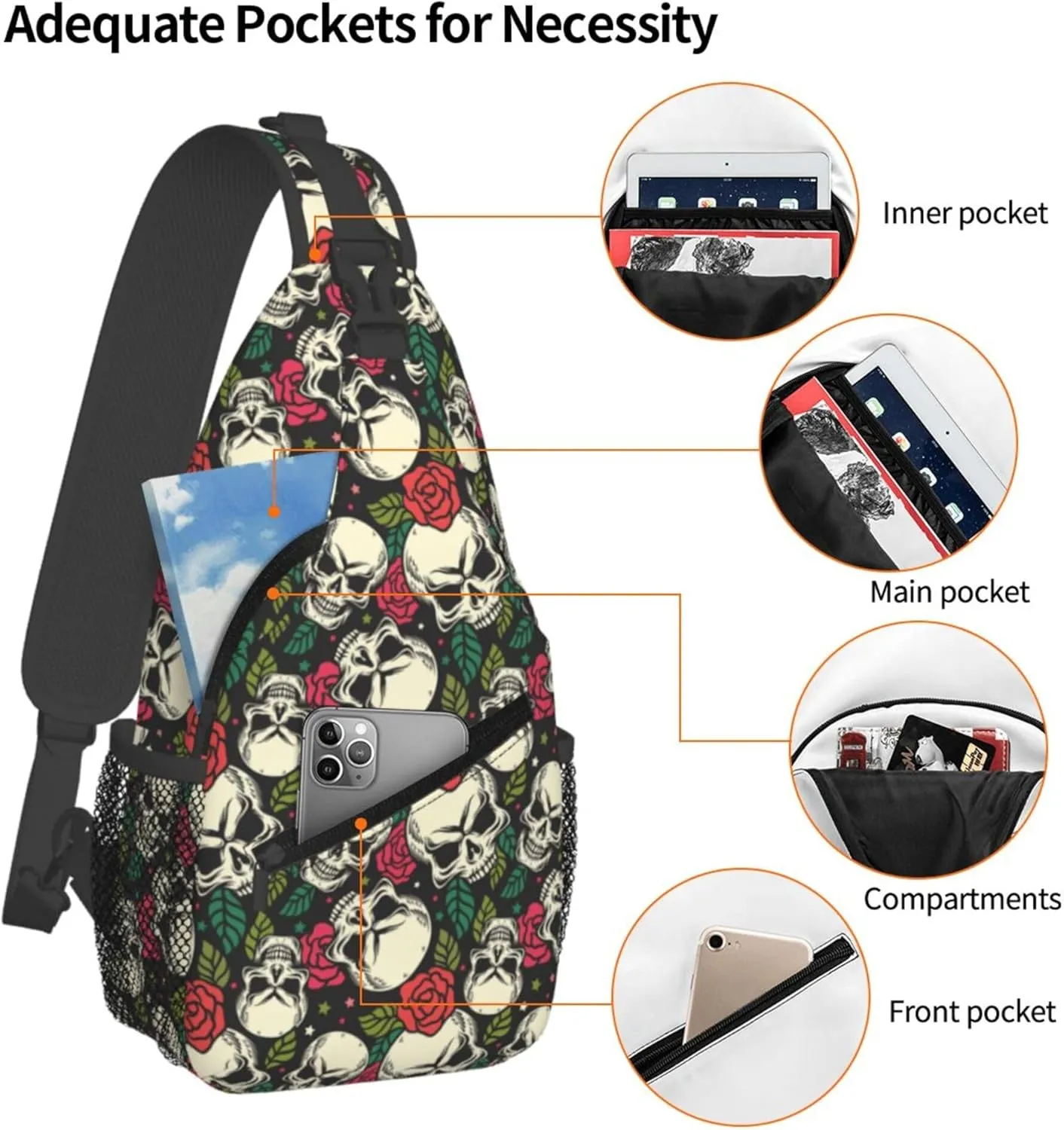 Skull Flower Rose Sling Backpack Crossbody Bag, Chest Bag Daypack for Outdoors Hiking Traveling