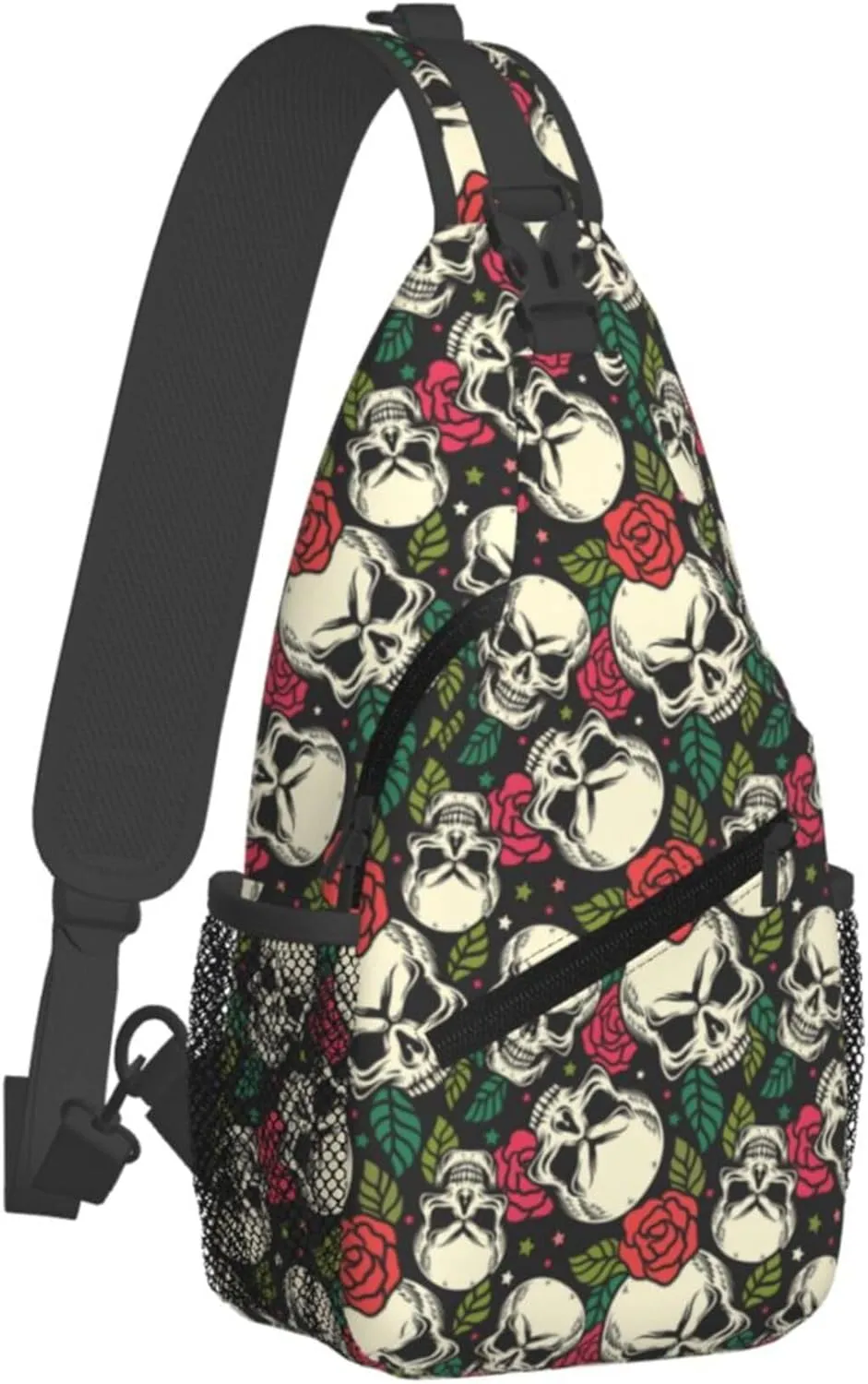 Skull Flower Rose Sling Backpack Crossbody Bag, Chest Bag Daypack for Outdoors Hiking Traveling