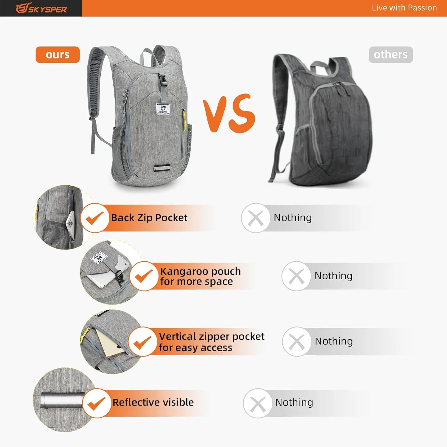 SKYSPER 10L Hiking Backpack Small Hiking Daypack Packable Lightweight Travel Day Pack for Women Men(Grey)