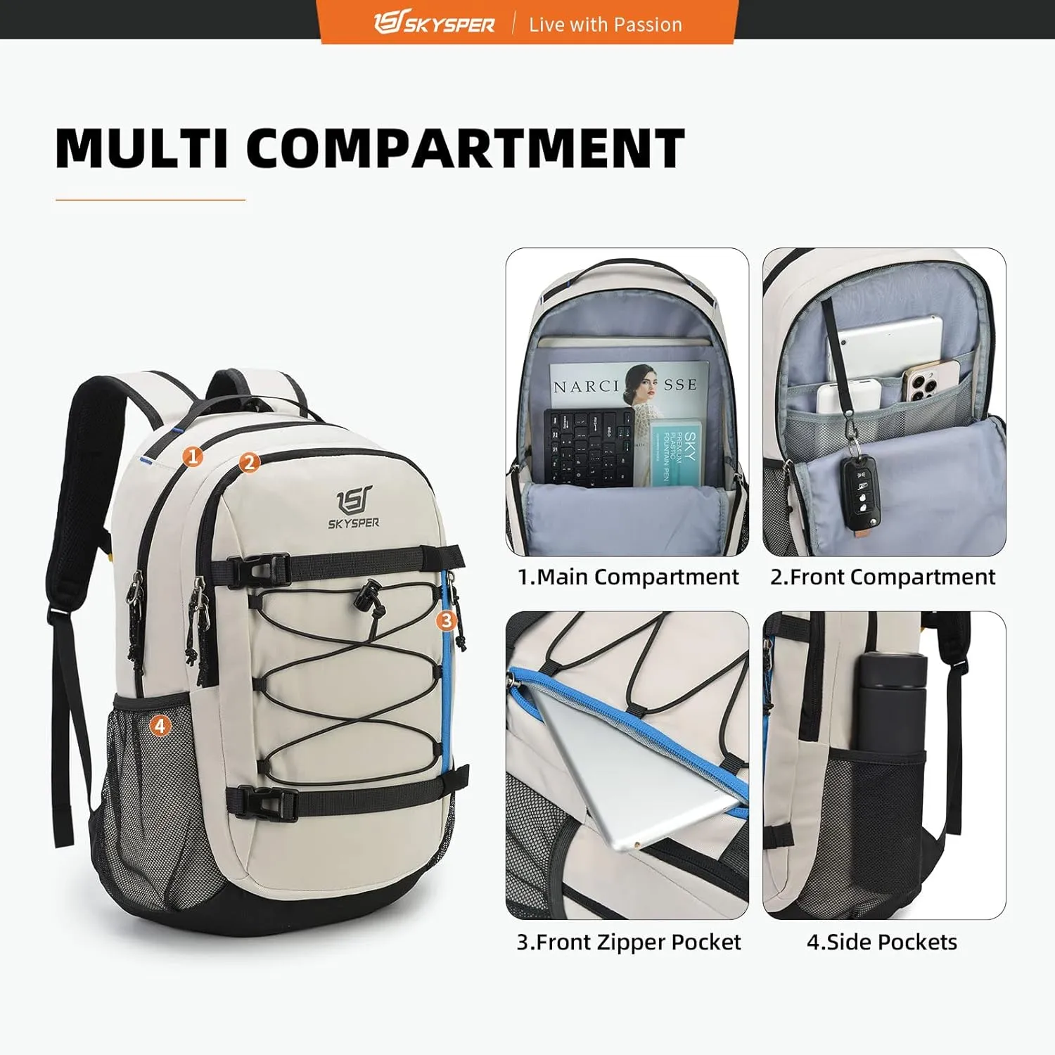 SKYSPER Hiking Backpack 25L Lightweight Travel Backpack Hiking Day Pack for Men Women(Off-white)