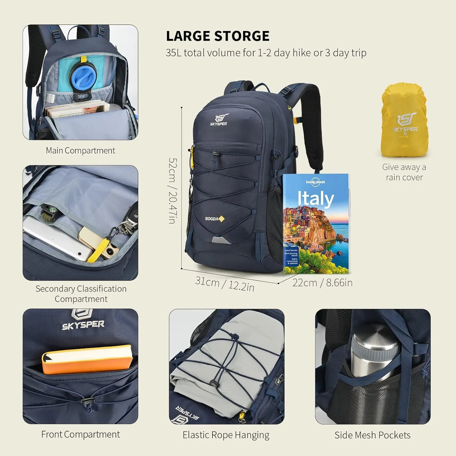 SKYSPER Hiking Backpack for Men Women, 35L Travel Backpack Waterproof Camping Backpack Outdoor Lightweight Daypack