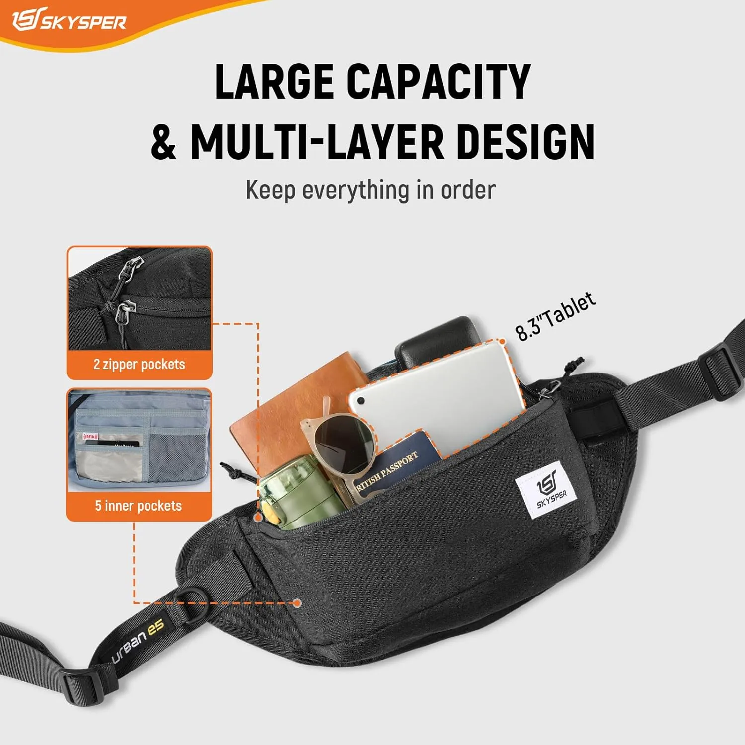 SKYSPER Sling Bag for Men, Anti Theft Crossbody Bag RFID Sling Backpack Mens Fanny Pack for Hiking Travel Gym Daily Use