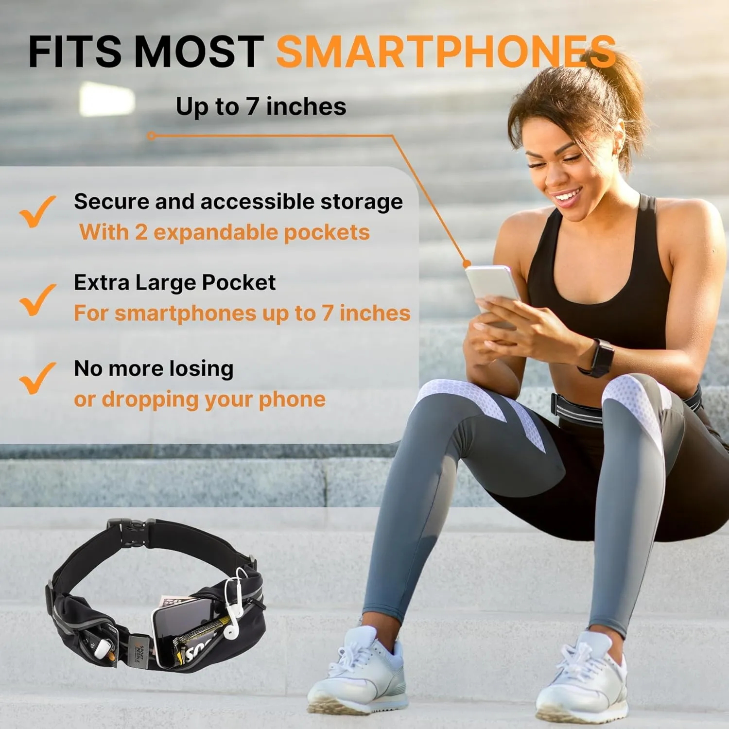 Slim Running Belt for Women and Men, Waterproof Phone Holder for Running, Reflective 2-Pocket Waist Pack for Storing Runner’s Essentials Safely, Runner’s Fanny Pack, Money Belt Fits Most Phones