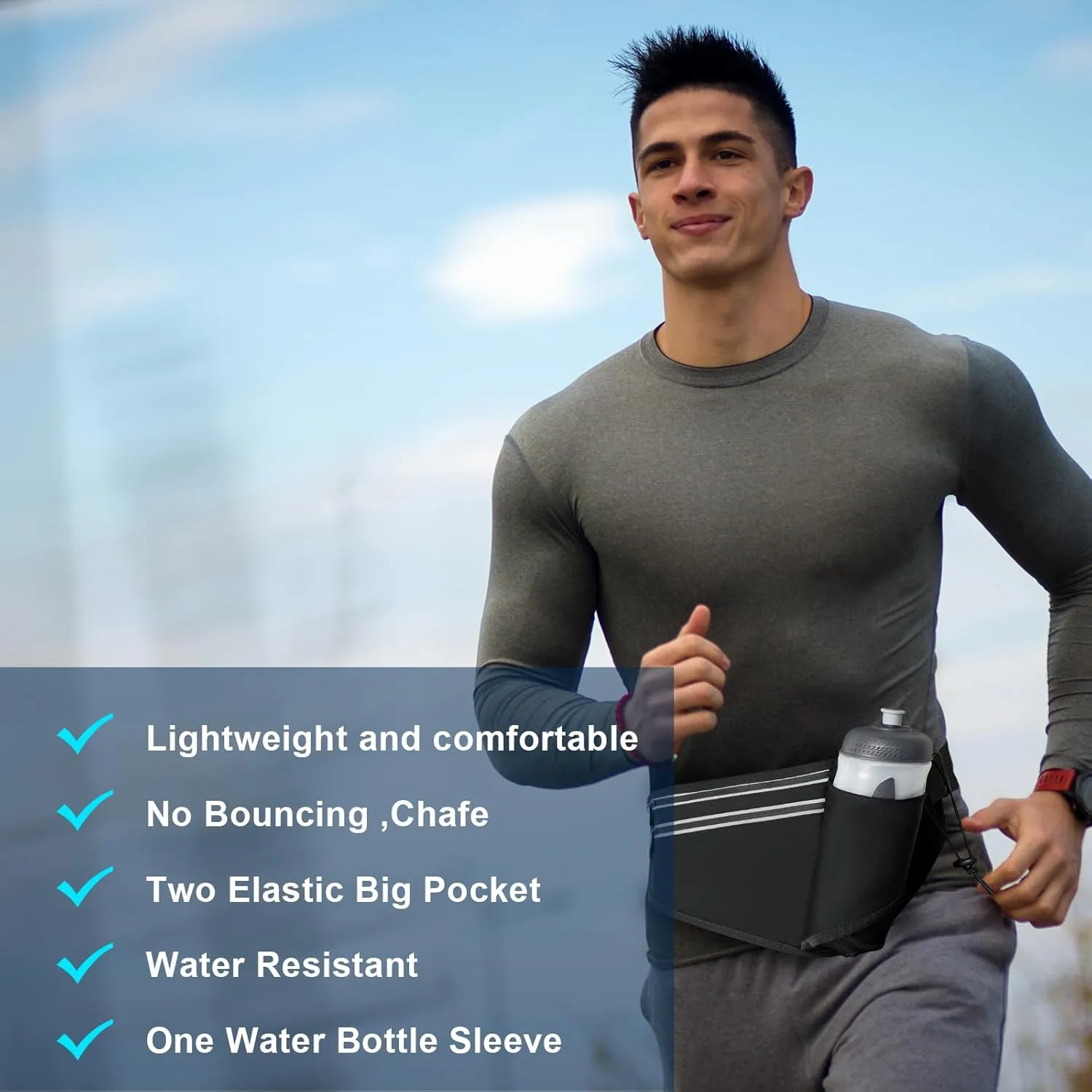 Slim Running Belt for Women Men,Runners Fanny Pack Phone Holder,Money Belt,Running Gear Accessories,with 3 Pockets (Light Black)