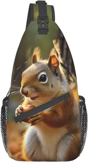 Sling Backpack Bag Cute Squirrel Eating Nuts Print Crossbody Chest Bag Adjustable Shoulder Bag Travel Hiking Daypack Unisex