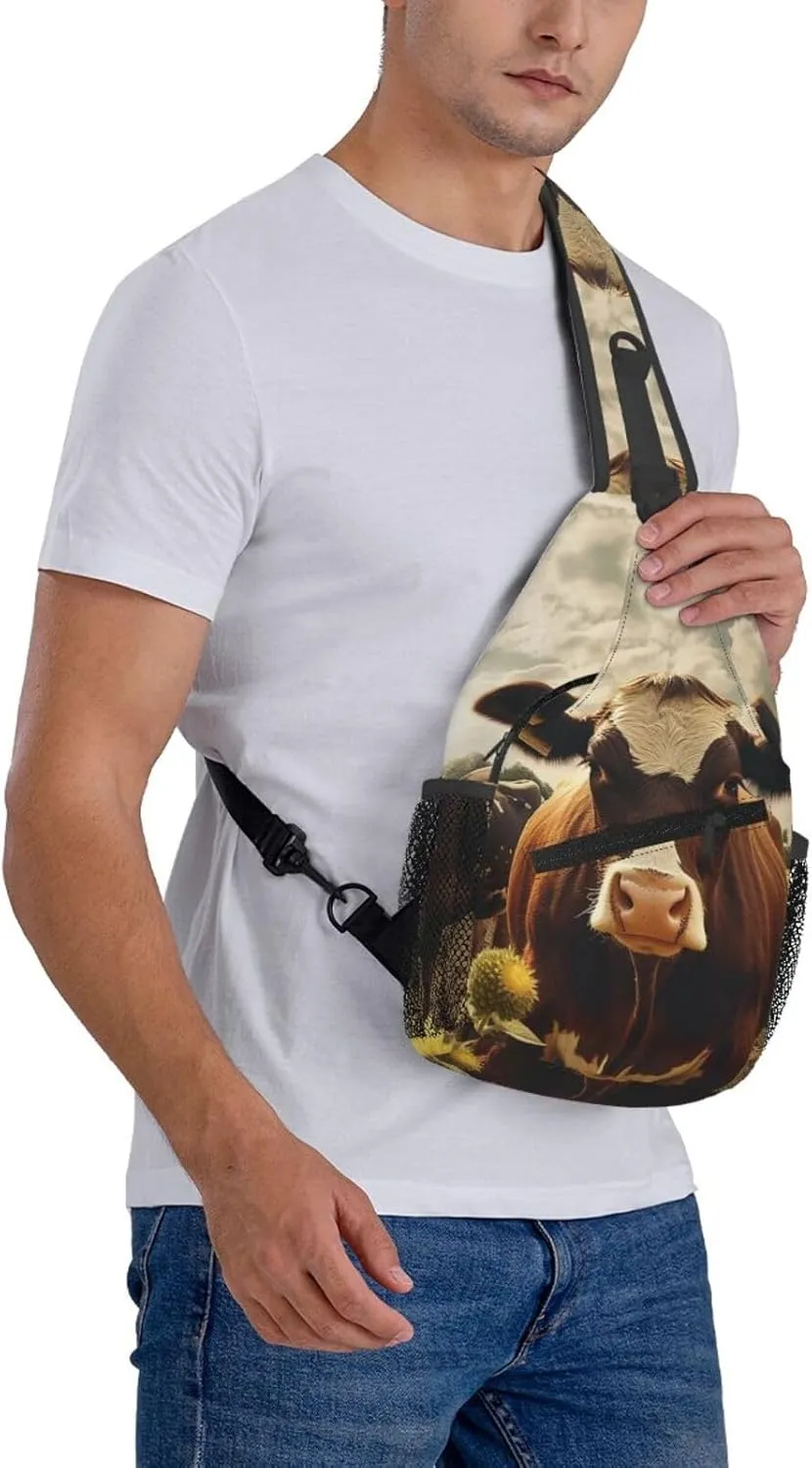 Sling Backpack Bag For Men 3d Animal Brown Cow Cross Chest Bag Crossbody Shoulder Bag Travel Hiking Daypack