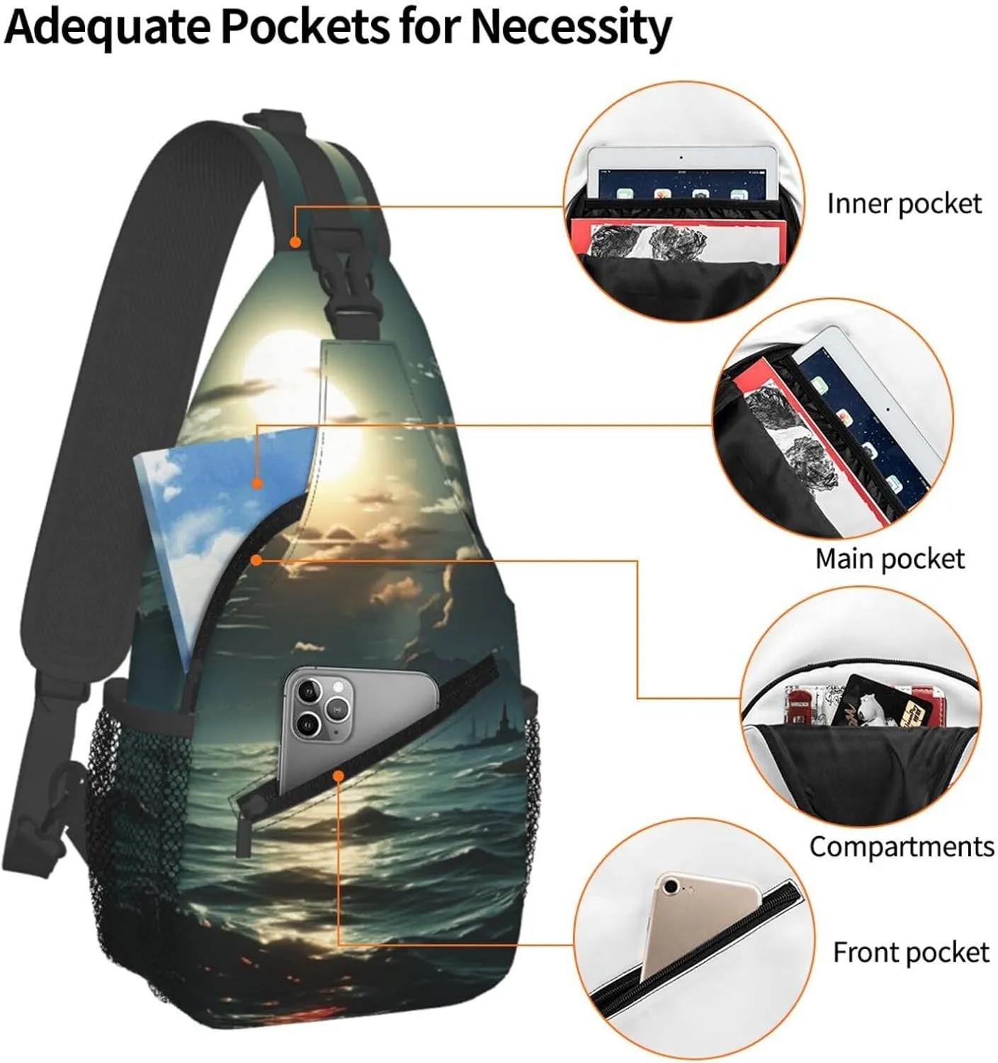 Sling Backpack Bag For Men Sea Moon Cross Chest Bag Crossbody Shoulder Bag Travel Hiking Daypack