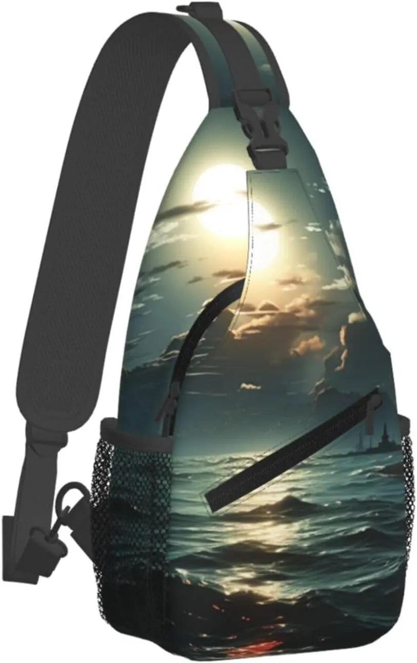 Sling Backpack Bag For Men Sea Moon Cross Chest Bag Crossbody Shoulder Bag Travel Hiking Daypack