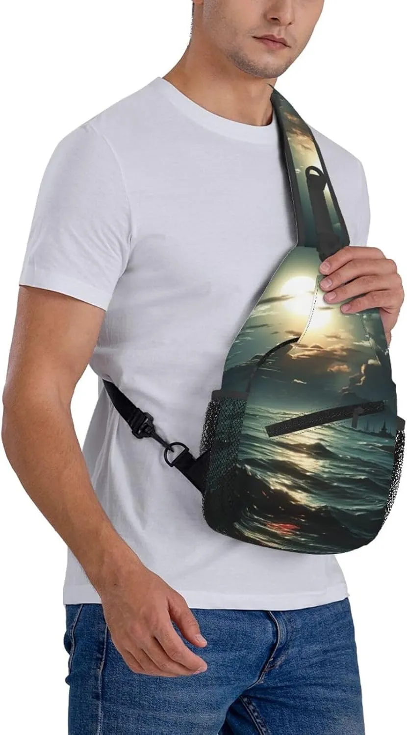 Sling Backpack Bag For Men Sea Moon Cross Chest Bag Crossbody Shoulder Bag Travel Hiking Daypack