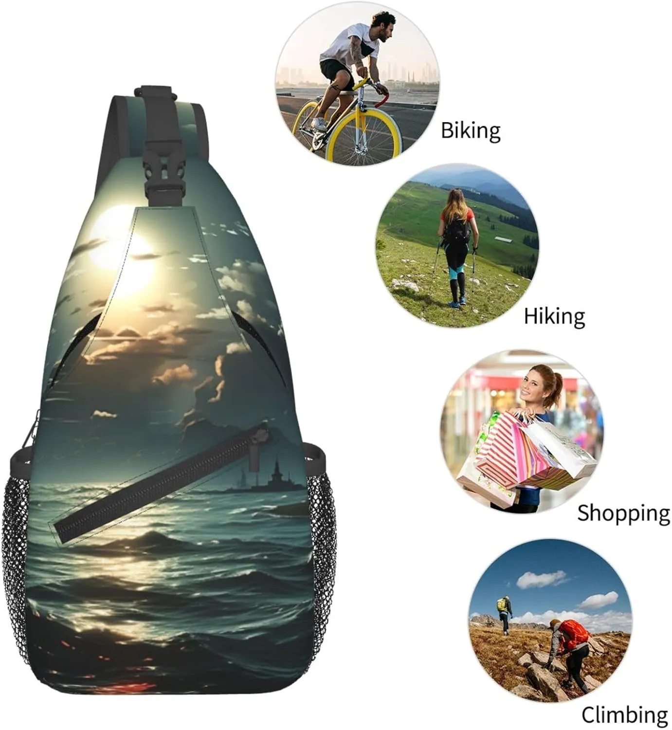 Sling Backpack Bag For Men Sea Moon Cross Chest Bag Crossbody Shoulder Bag Travel Hiking Daypack