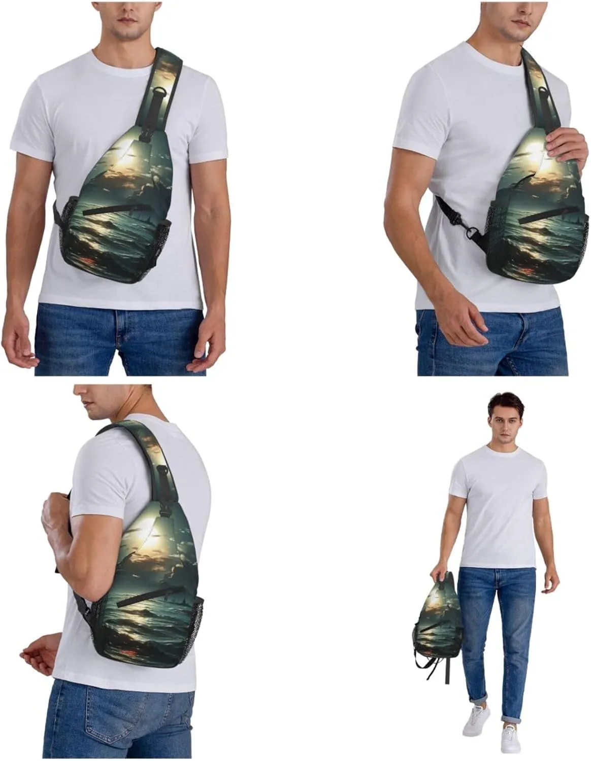 Sling Backpack Bag For Men Sea Moon Cross Chest Bag Crossbody Shoulder Bag Travel Hiking Daypack