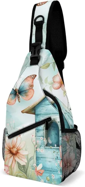 Sling Backpack Crossbody for Man Woman Blue Bird House Cross Body Adjustable Chest Bag