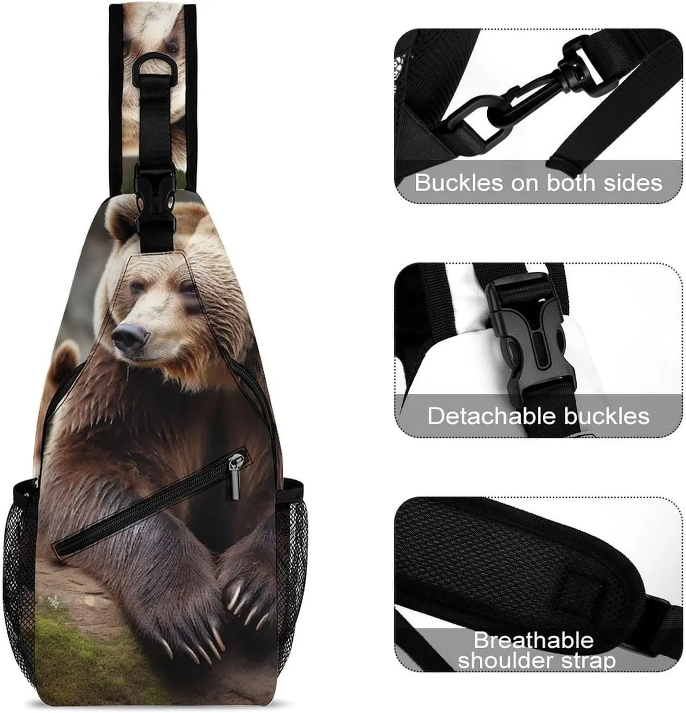 Sling Backpack Crossbody for Man Woman Brown Bears Cross Body Adjustable Chest Bag