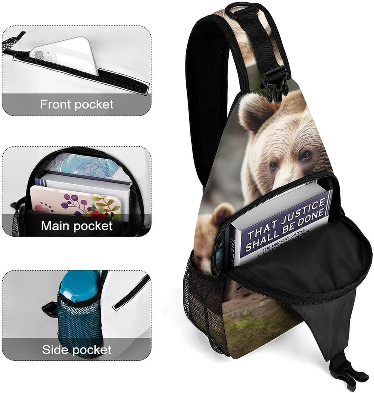 Sling Backpack Crossbody for Man Woman Brown Bears Cross Body Adjustable Chest Bag