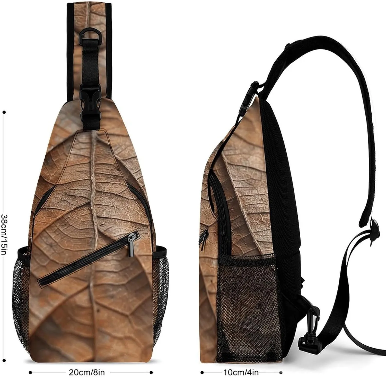 Sling Backpack Crossbody for Man Woman Brown Leaf Texture Cross Body Adjustable Chest Bag