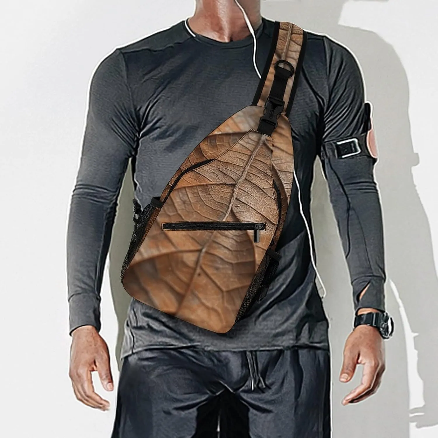 Sling Backpack Crossbody for Man Woman Brown Leaf Texture Cross Body Adjustable Chest Bag