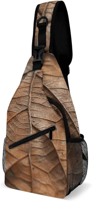 Sling Backpack Crossbody for Man Woman Brown Leaf Texture Cross Body Adjustable Chest Bag