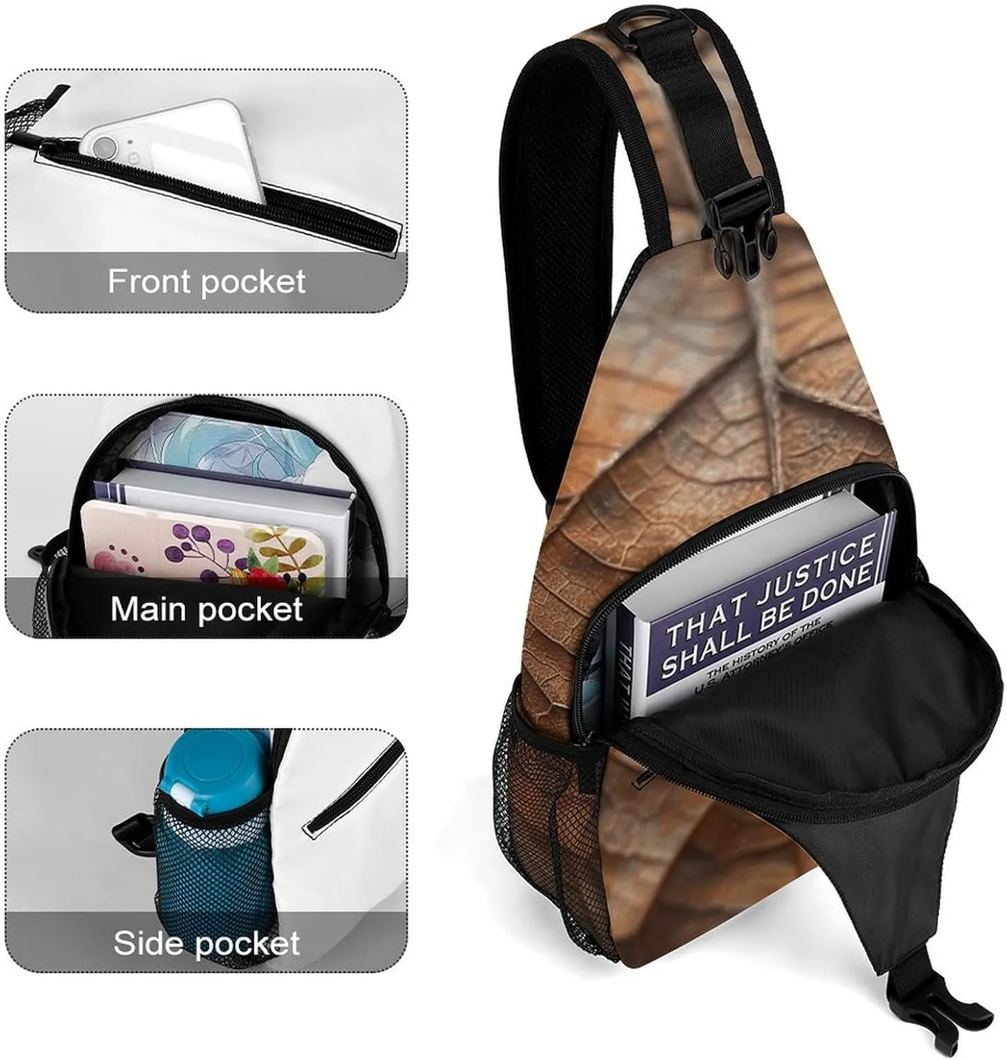 Sling Backpack Crossbody for Man Woman Brown Leaf Texture Cross Body Adjustable Chest Bag