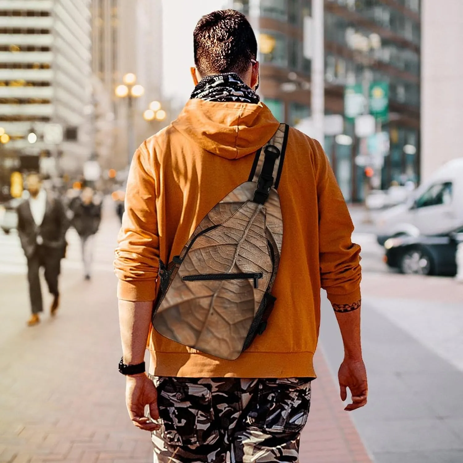 Sling Backpack Crossbody for Man Woman Brown Leaf Texture Cross Body Adjustable Chest Bag