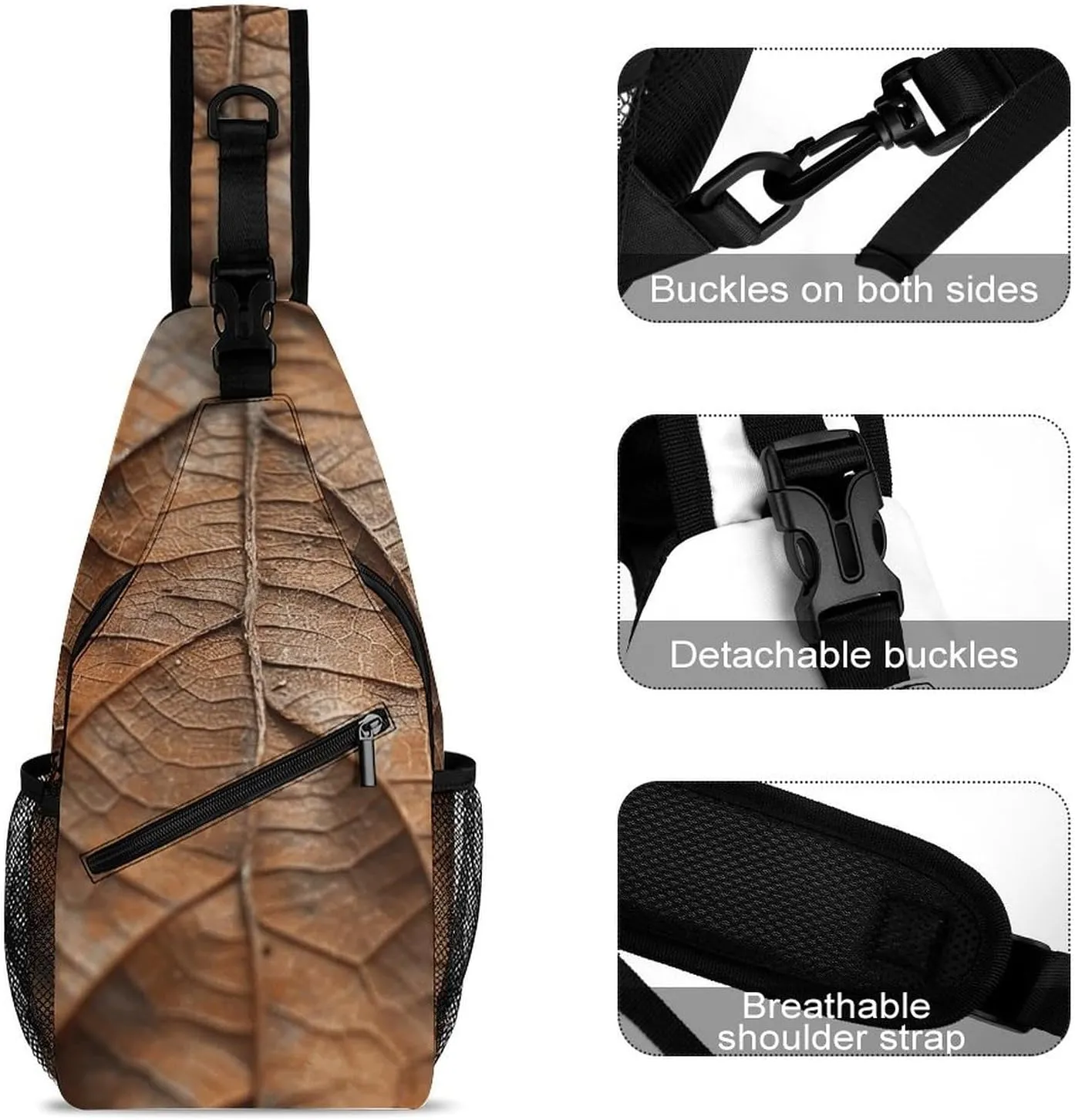 Sling Backpack Crossbody for Man Woman Brown Leaf Texture Cross Body Adjustable Chest Bag