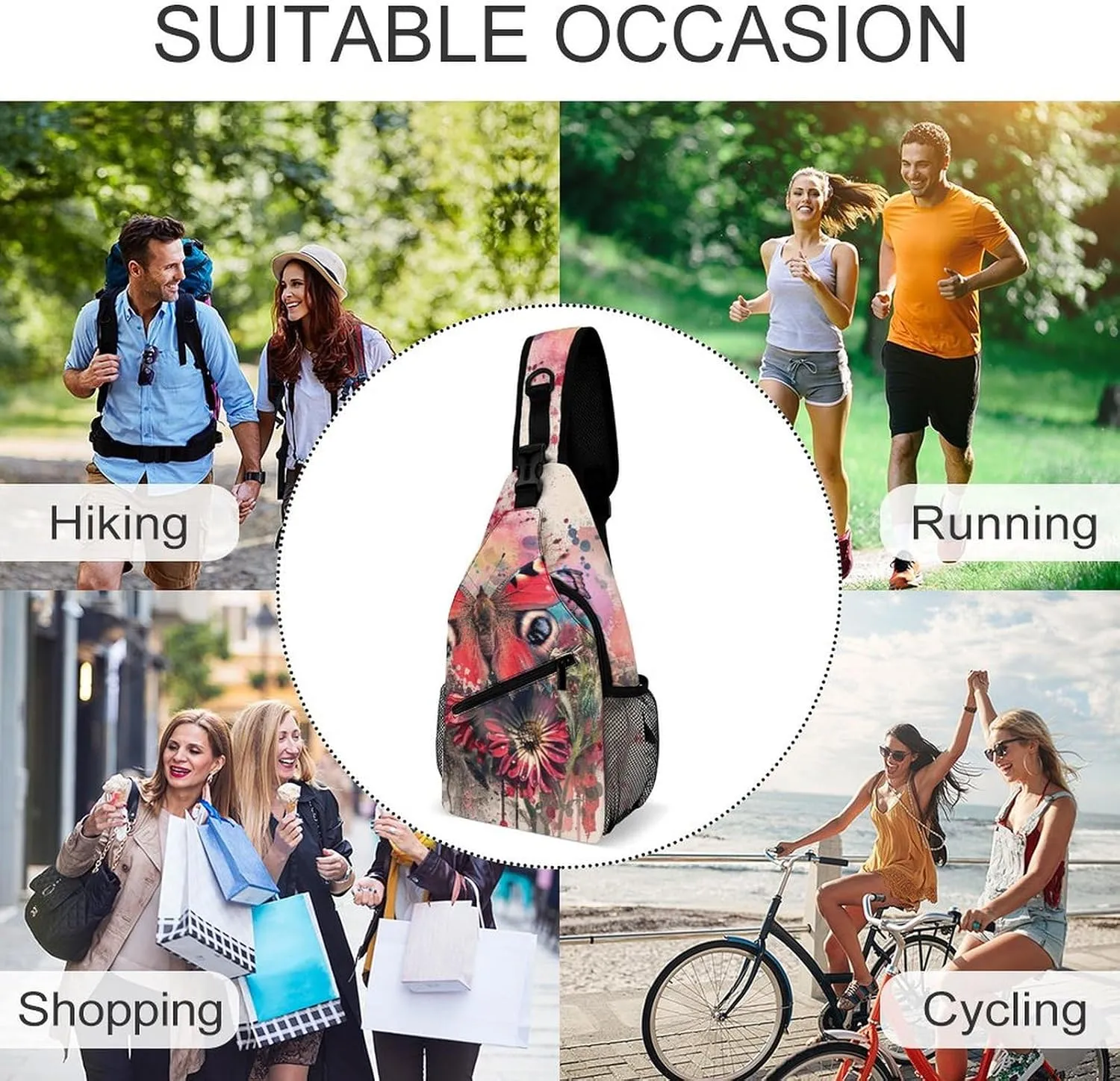Sling Backpack Crossbody for Man Woman Butterfly on Flower Cross Body Adjustable Chest Bag