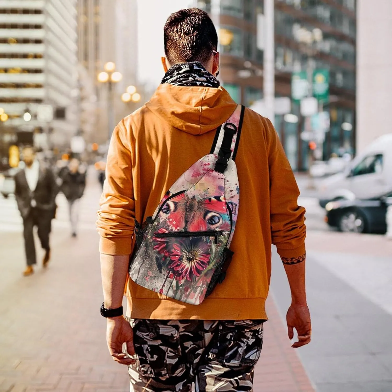 Sling Backpack Crossbody for Man Woman Butterfly on Flower Cross Body Adjustable Chest Bag