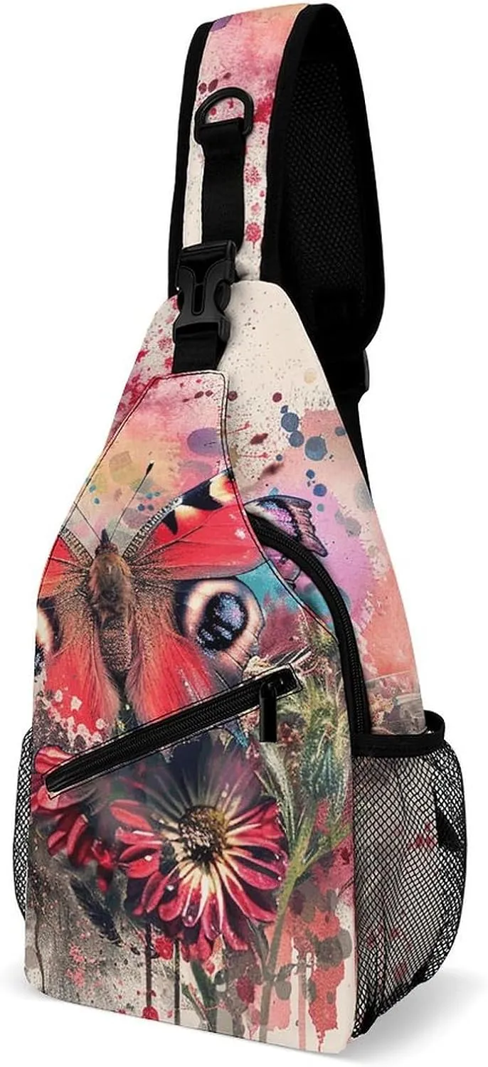 Sling Backpack Crossbody for Man Woman Butterfly on Flower Cross Body Adjustable Chest Bag