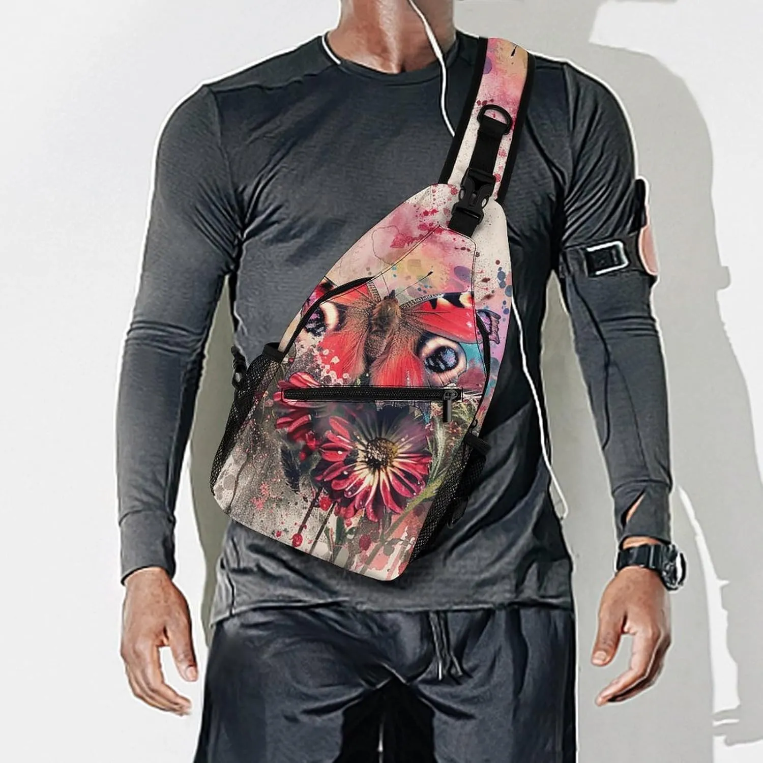 Sling Backpack Crossbody for Man Woman Butterfly on Flower Cross Body Adjustable Chest Bag