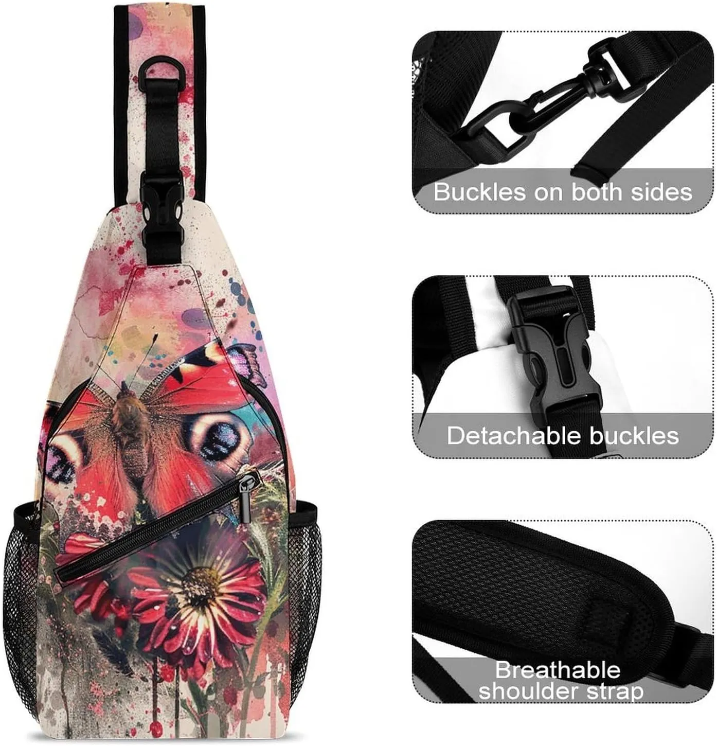 Sling Backpack Crossbody for Man Woman Butterfly on Flower Cross Body Adjustable Chest Bag