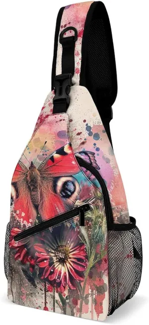 Sling Backpack Crossbody for Man Woman Butterfly on Flower Cross Body Adjustable Chest Bag