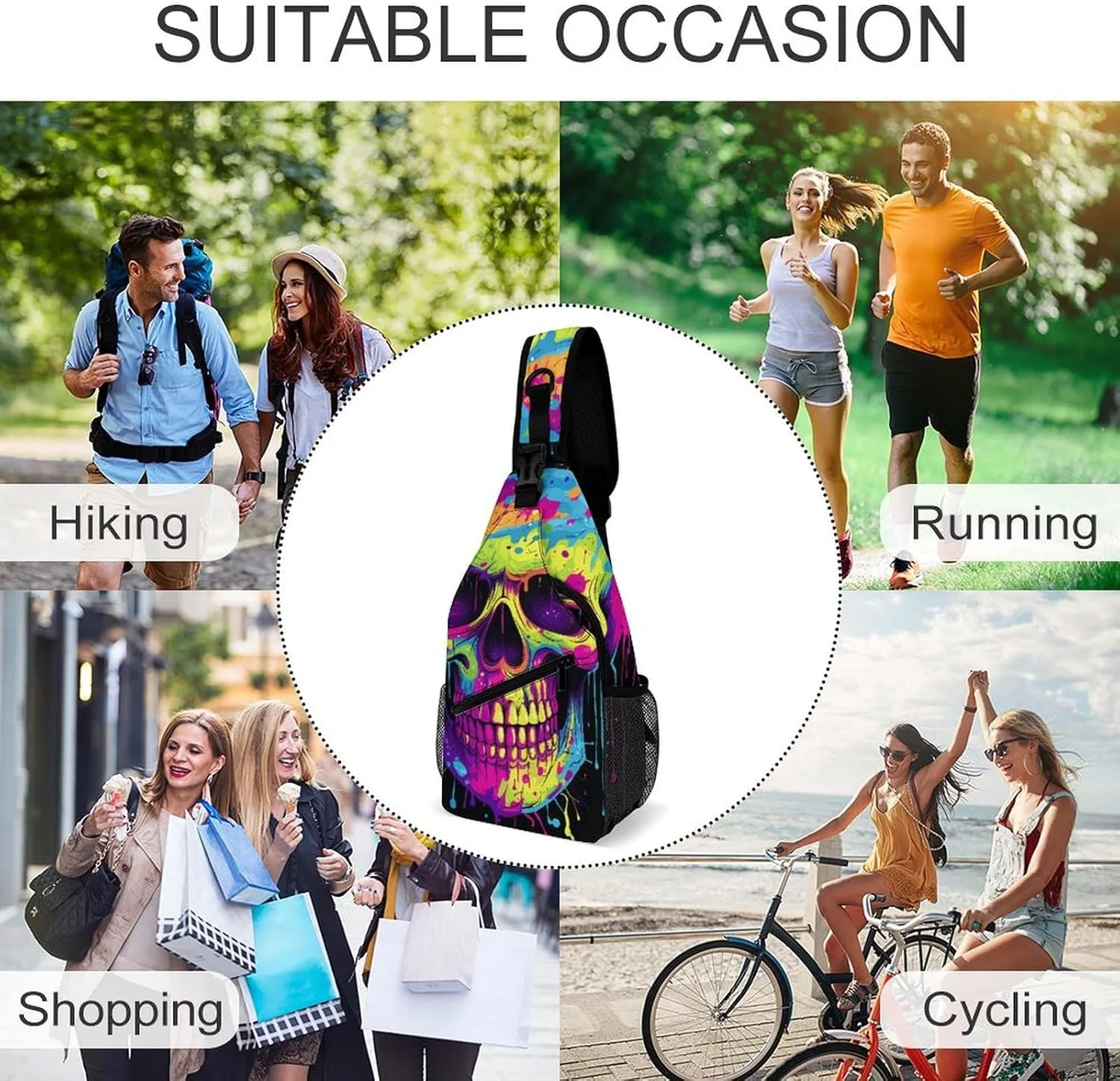 Sling Backpack Crossbody for Man Woman Color Skull Art Cross Body Adjustable Chest Bag