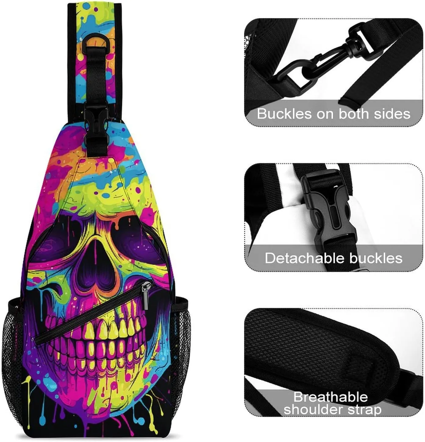 Sling Backpack Crossbody for Man Woman Color Skull Art Cross Body Adjustable Chest Bag