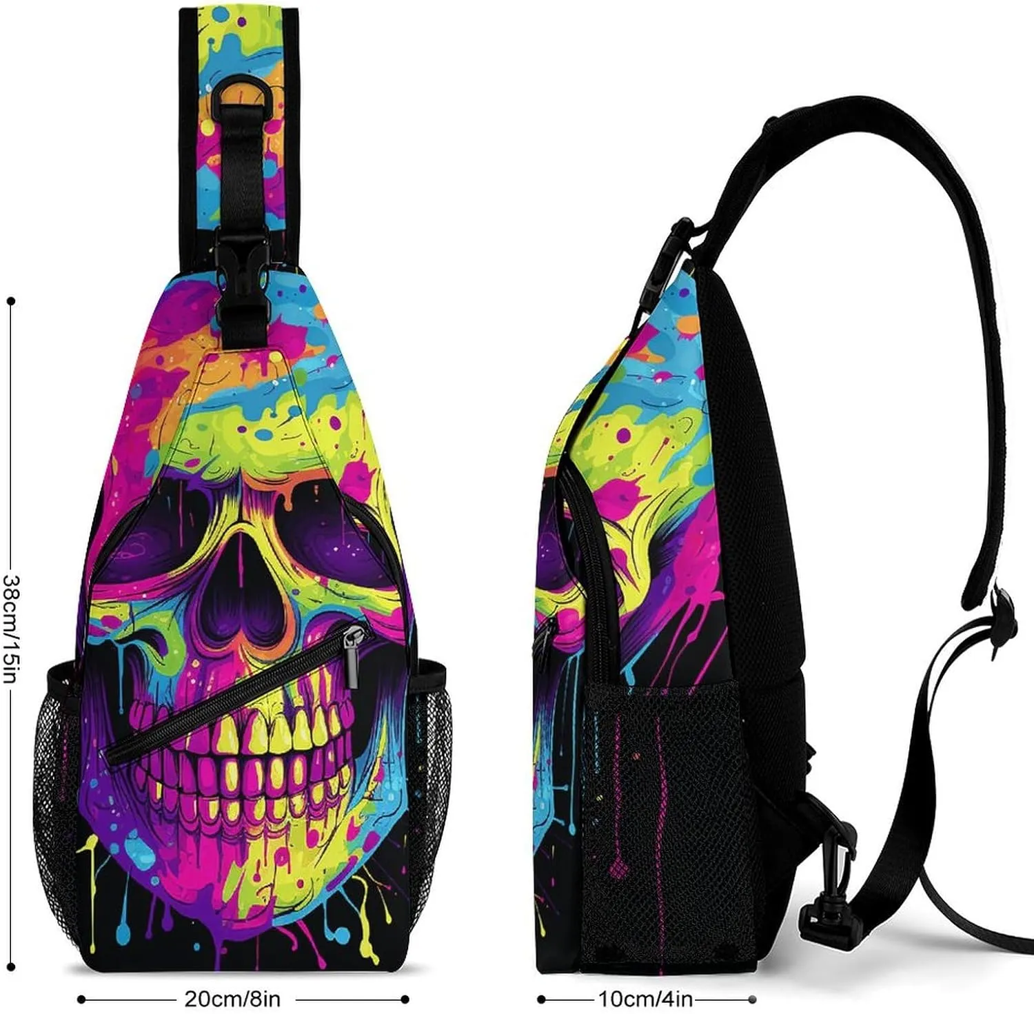 Sling Backpack Crossbody for Man Woman Color Skull Art Cross Body Adjustable Chest Bag