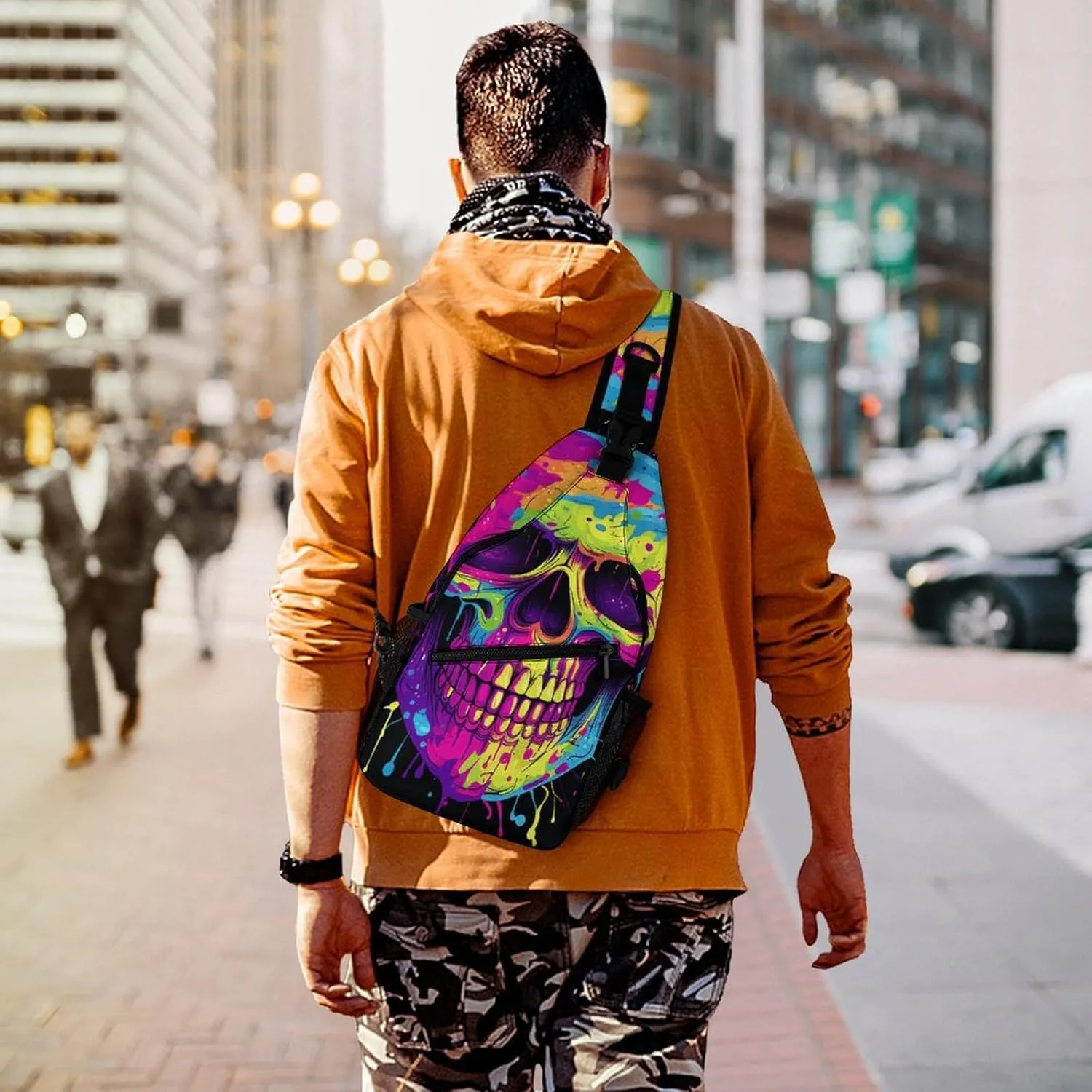 Sling Backpack Crossbody for Man Woman Color Skull Art Cross Body Adjustable Chest Bag